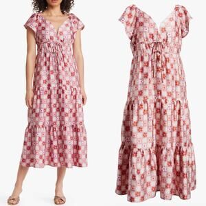 BTFL-Life Florian Floral Grid Midi Dress Pink Tiered Ruffle Short Sleeves Size S